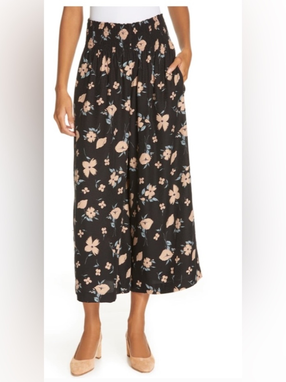 Rebecca Taylor Daniella Smocked Floral Wide Leg Pants